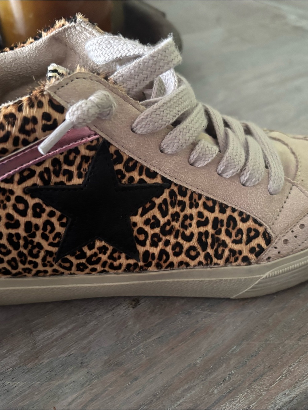 ShuShop Beige Leopard Print Athletic Sneakers with Black Star Accent